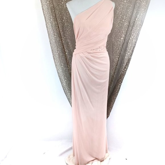 DAVID'S BRIDAL One Shoulder Mesh and Lace Petal Pink Party Bridal Maxi Dress 20 - Picture 4 of 9